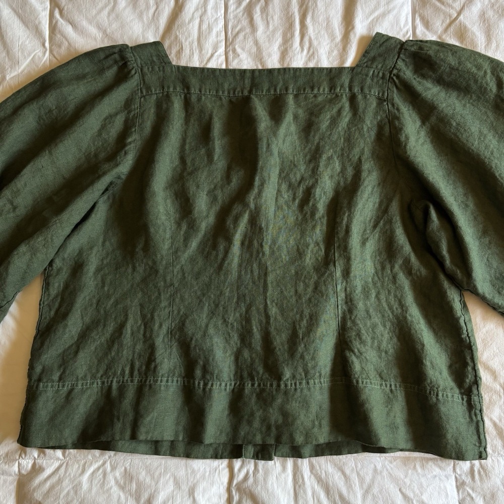J Crew Square Neck Button Front Balloon Sleeve Linen Top Womens XXL Dark Green - Picture 6 of 14